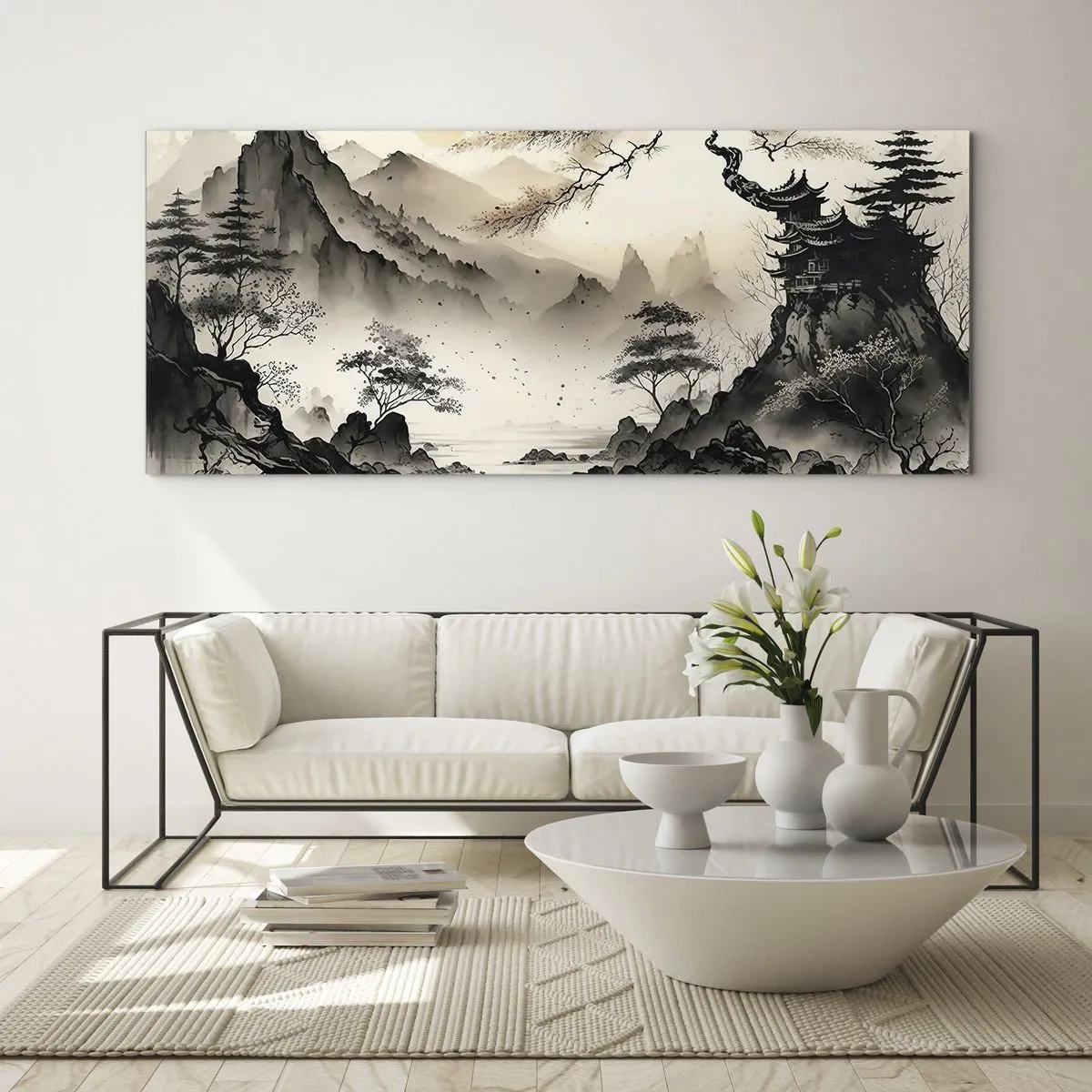 Cuadro sobre vidrio - Impresiones sobre Vidrio - Un paisaje oriental con montañas y una pagoda en tonos delicados. - 160x50cm - El encanto único de Oriente - Decoración de pared moderna para salón y dormitorio ARTTOR