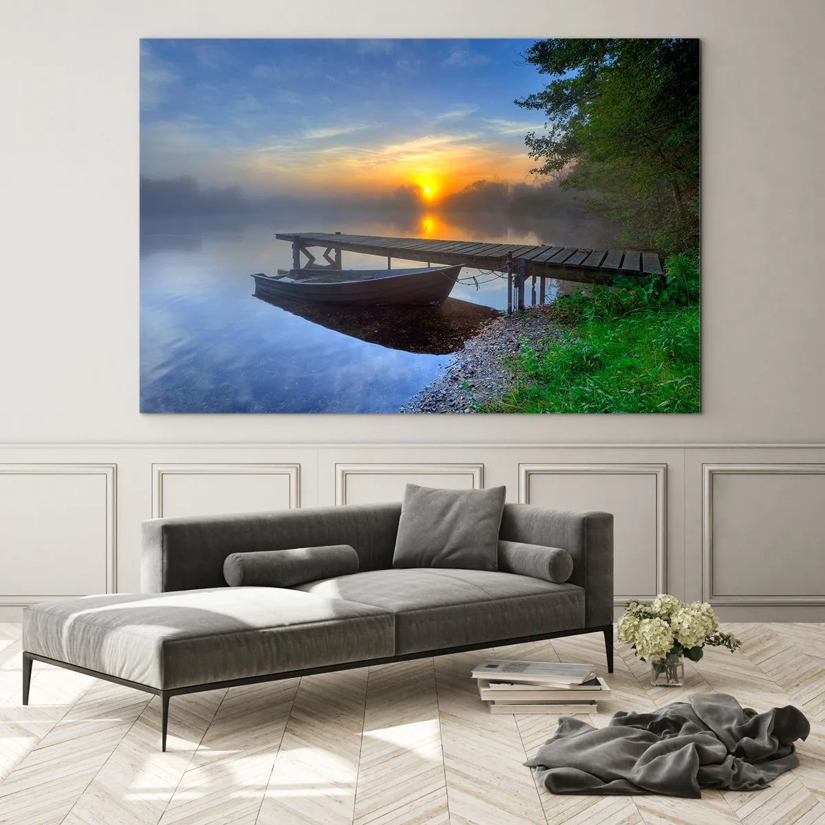 Cuadro sobre vidrio - Impresiones sobre Vidrio - Un barco en el muelle al amanecer en el lago. - 70x50cm - Cómo lo ordinario se convierte en mágico - Decoración de pared moderna para salón y dormitorio ARTTOR