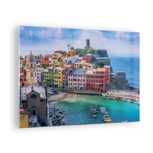 Cuadro sobre vidrio - Impresiones sobre Vidrio - Un colorido pueblo mediterráneo junto al mar azul. - 70x50cm - Pueblo mágico del Mediterráneo - Decoración de pared moderna para salón y dormitorio ARTTOR