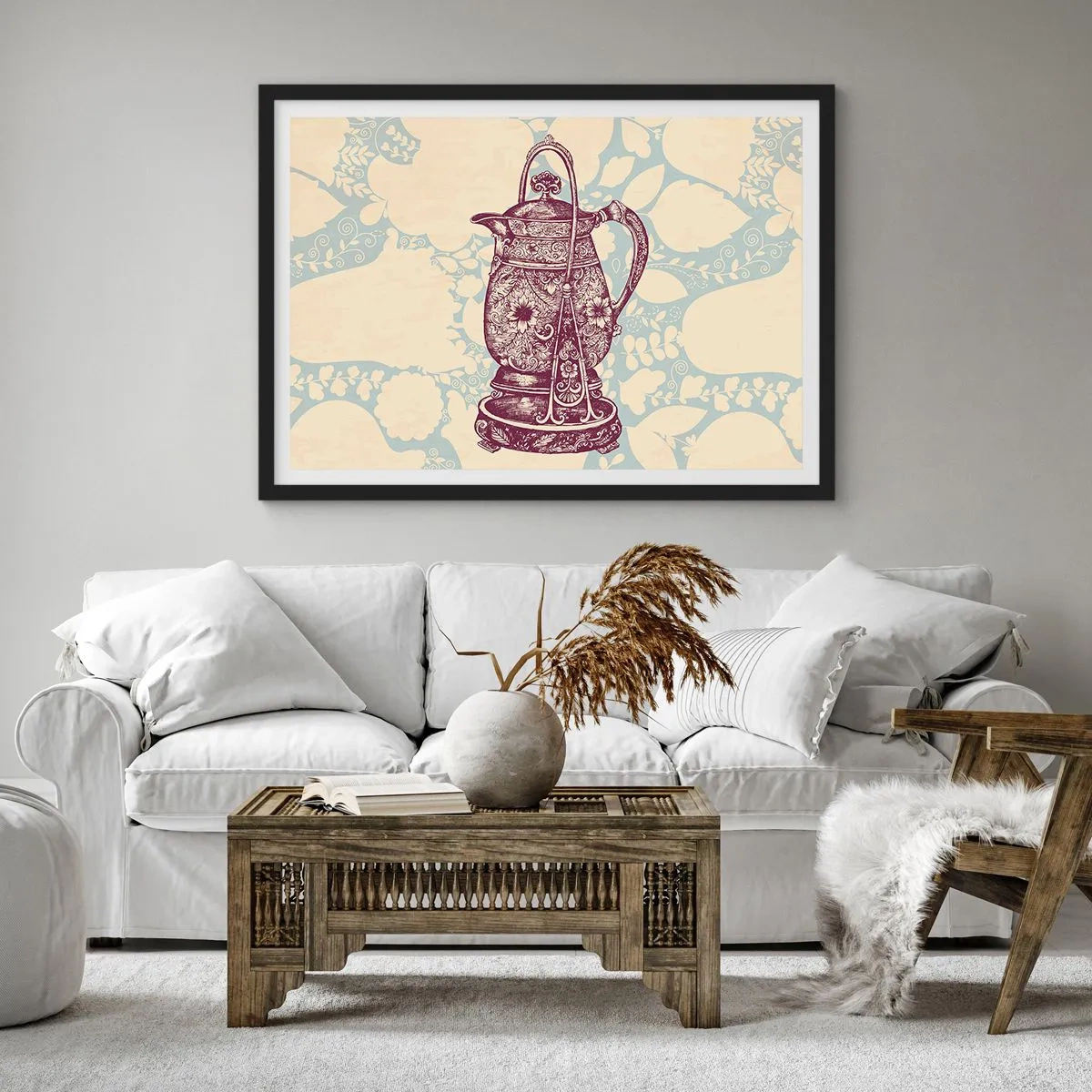 Póster en marco negro - Jarra estilizada con adornos sobre fondo floral. - 70x50cm - La belleza de lo cotidiano - Decoración de pared moderna para salón y dormitorio ARTTOR