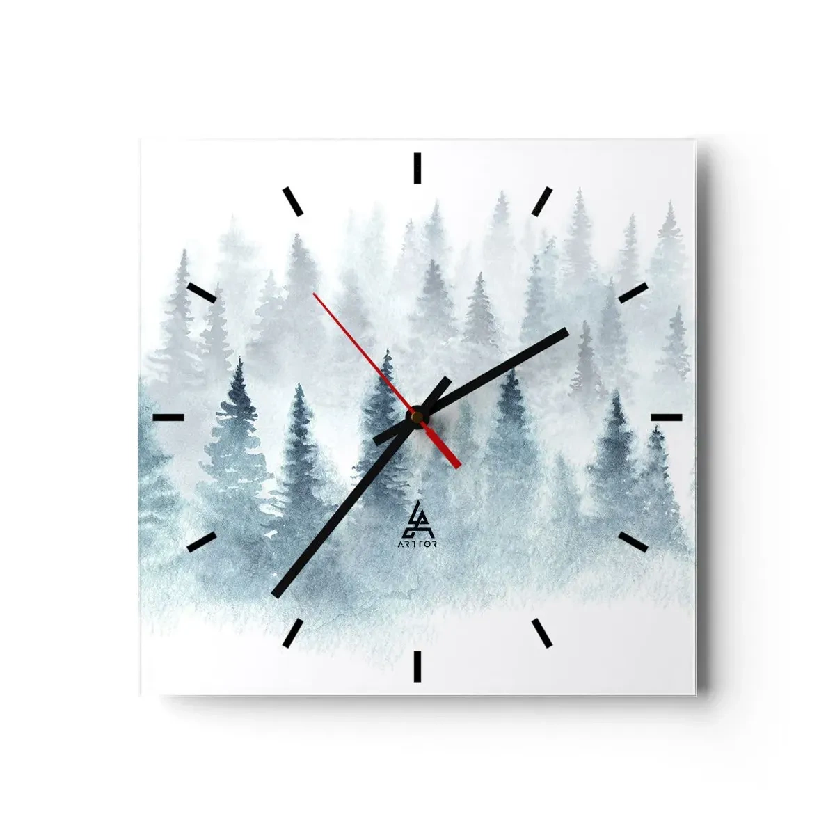 Reloj de pared - Reloj de vidrio - Bosques de coníferas bañados por una delicada niebla. - 30x30cm - Envuelto en la niebla - Decoración de pared moderna para salón y dormitorio ARTTOR