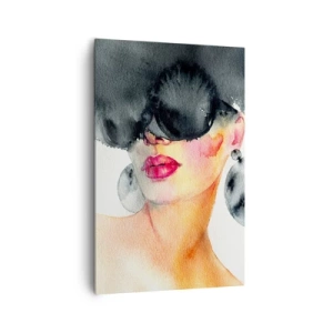 Cuadro sobre lienzo - Impresión de Imagen - Una mujer con gafas elegantes y pendientes grandes. - 80x120cm - El secreto de la elegancia - Decoración de pared moderna para salón y dormitorio ARTTOR