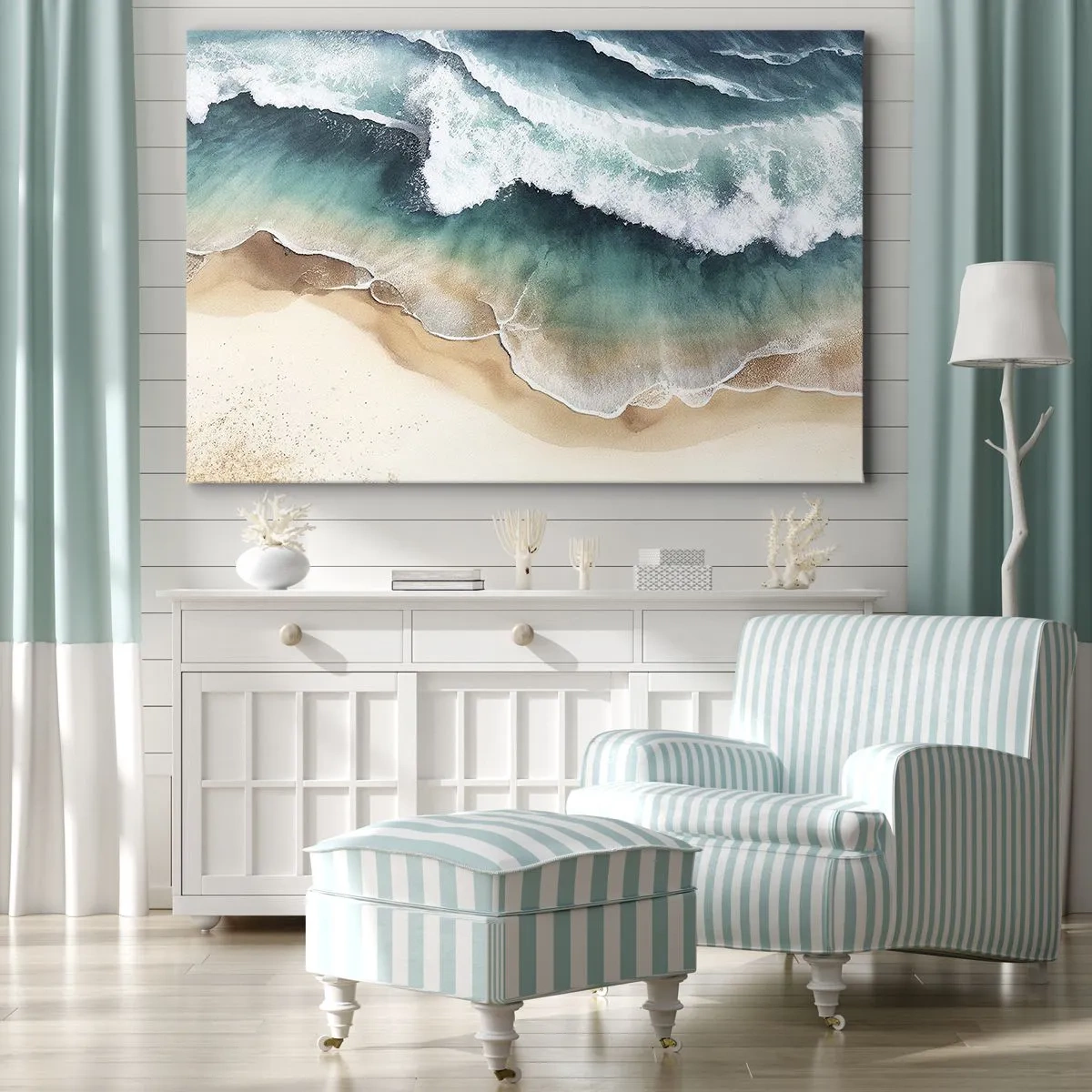Cuadro sobre lienzo - Impresión de Imagen - Vista de la playa y las olas del mar en tonos turquesa. - 70x50cm - Un encuentro eterno - Decoración de pared moderna para salón y dormitorio ARTTOR