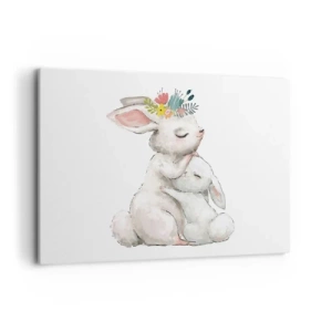 Cuadro sobre lienzo - Impresión de Imagen - Lindos conejos en colores pastel - 120x80cm - En ningún lugar mejor que con mamá - Decoración de pared moderna para salón y dormitorio ARTTOR