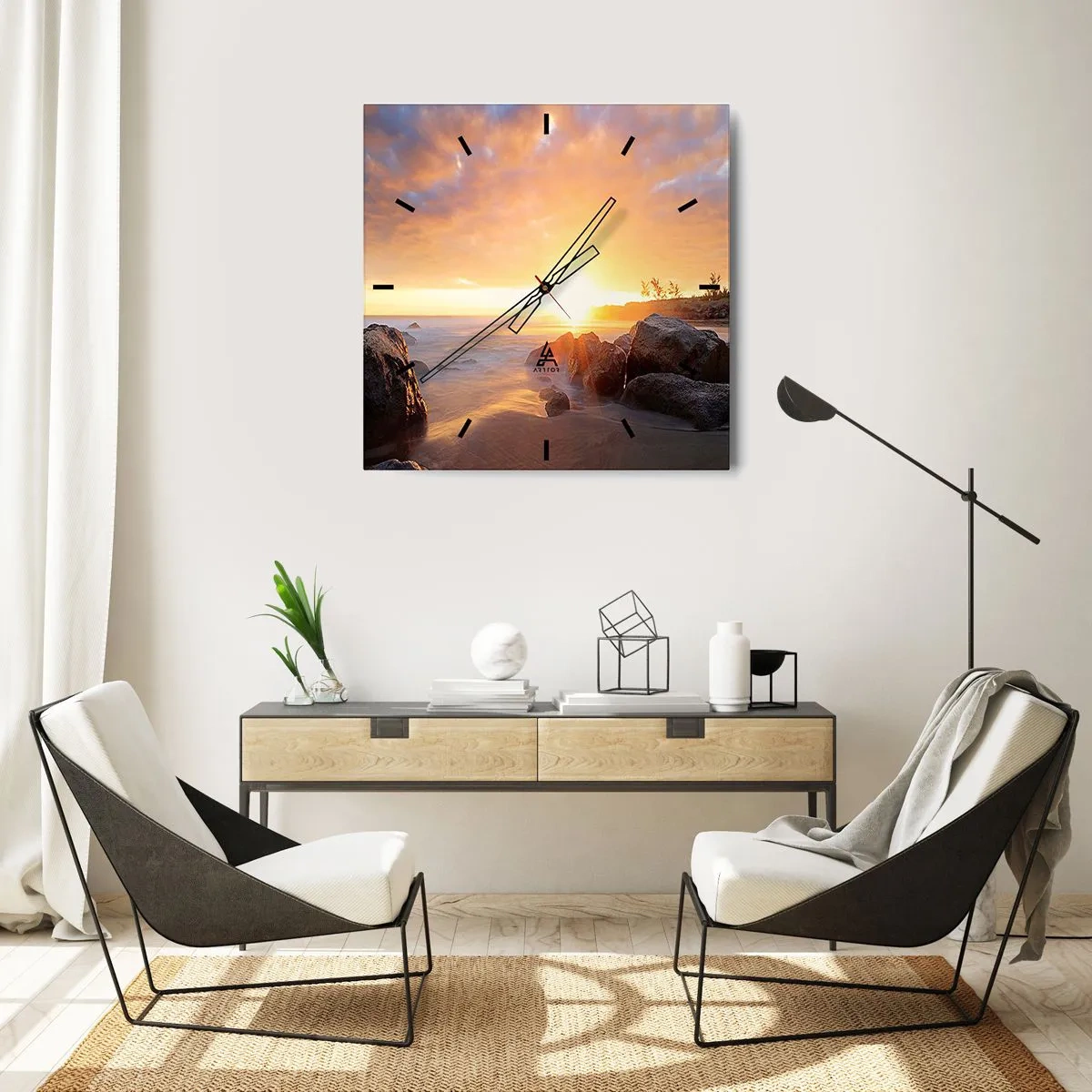 Reloj de pared - Reloj de vidrio - Puesta de sol sobre la costa rocosa - 30x30cm - Brisa luminosa del atardecer - Decoración de pared moderna para salón y dormitorio ARTTOR