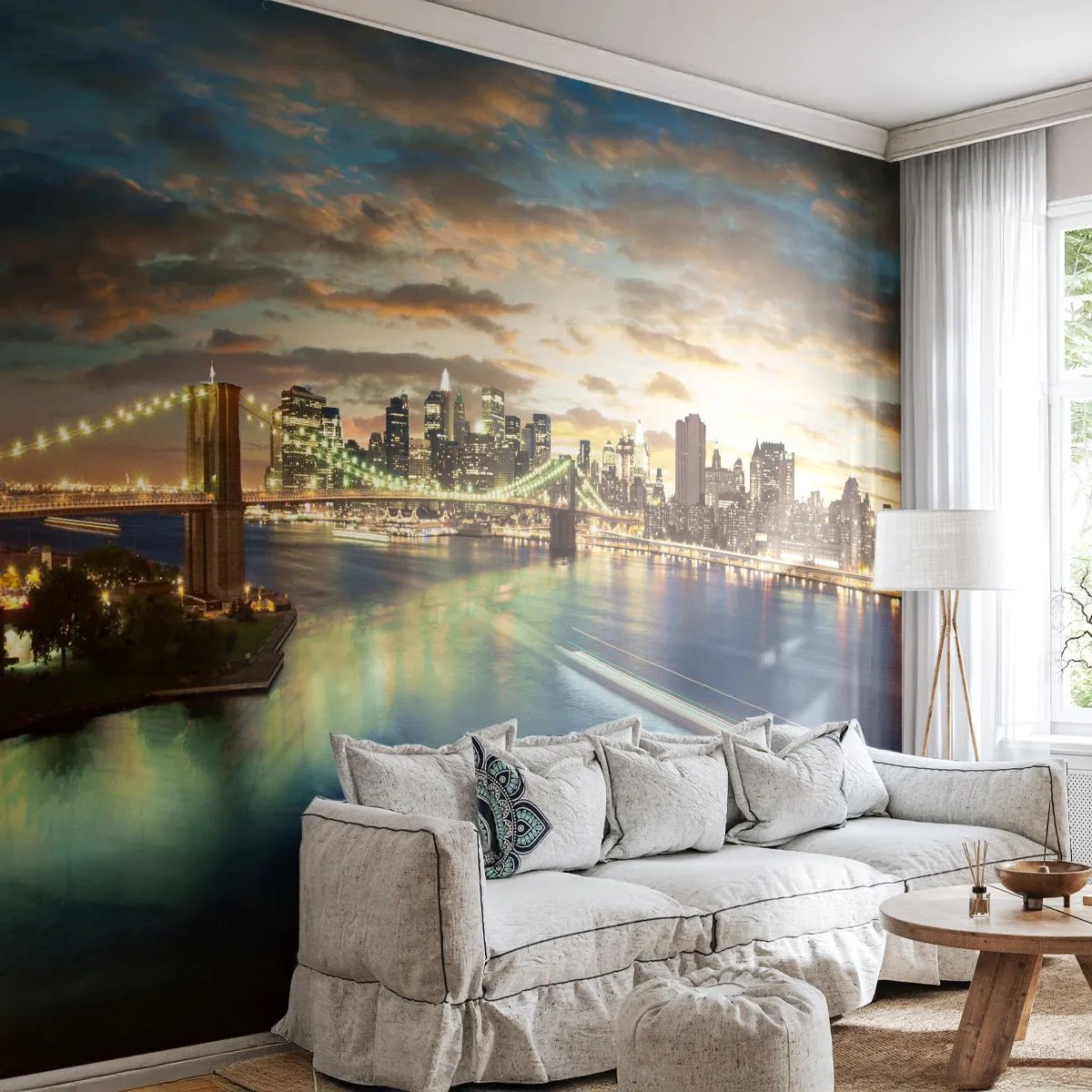 Fotomural Premium Canvas - Un atardecer iluminado sobre Manhattan - Ciudad, Puente, Nueva York - 250x175 cm
