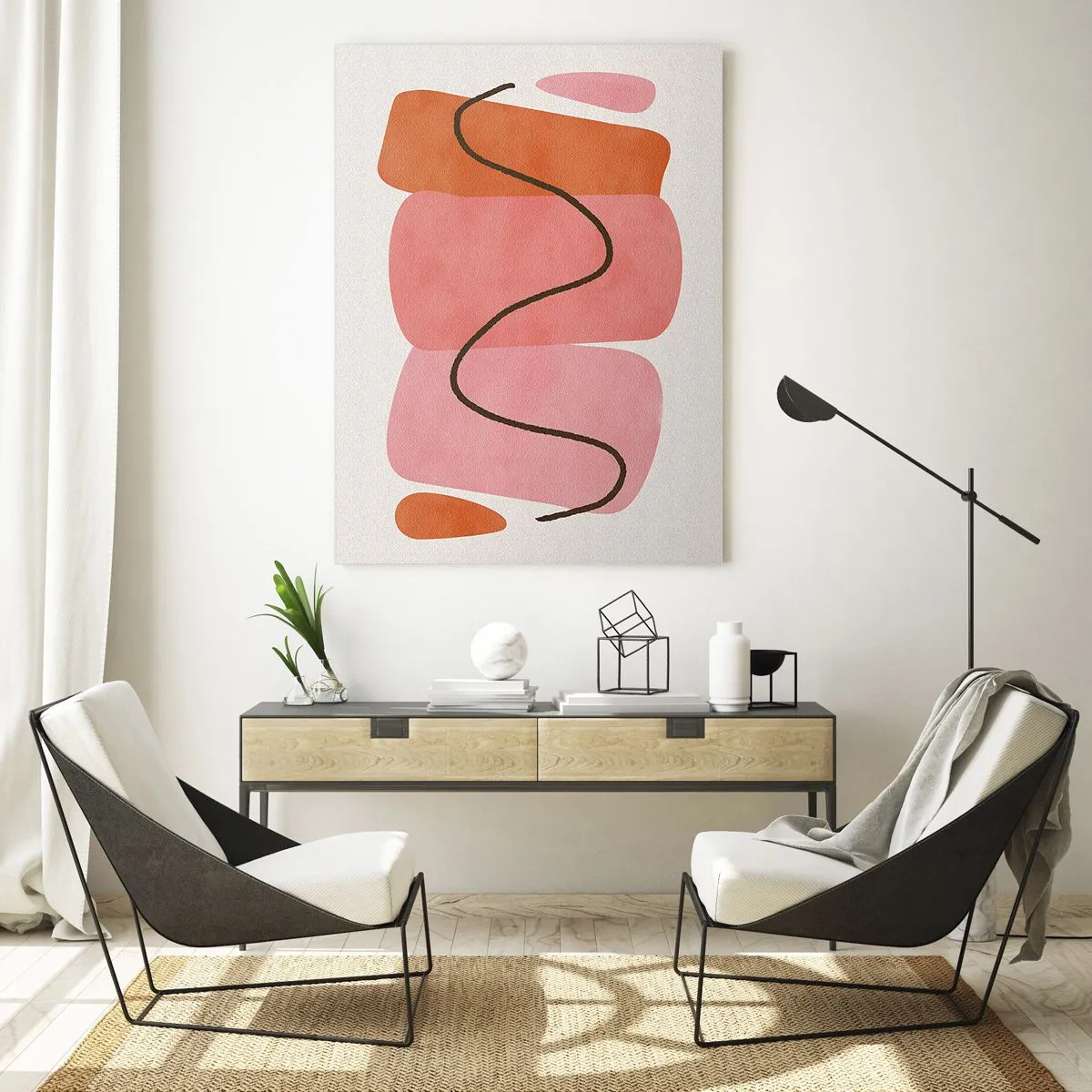 Cuadro sobre vidrio - Impresiones sobre Vidrio - Formas abstractas en tonos rosa y naranja. - 80x120cm - Suave movimiento de formas - Decoración de pared moderna para salón y dormitorio ARTTOR