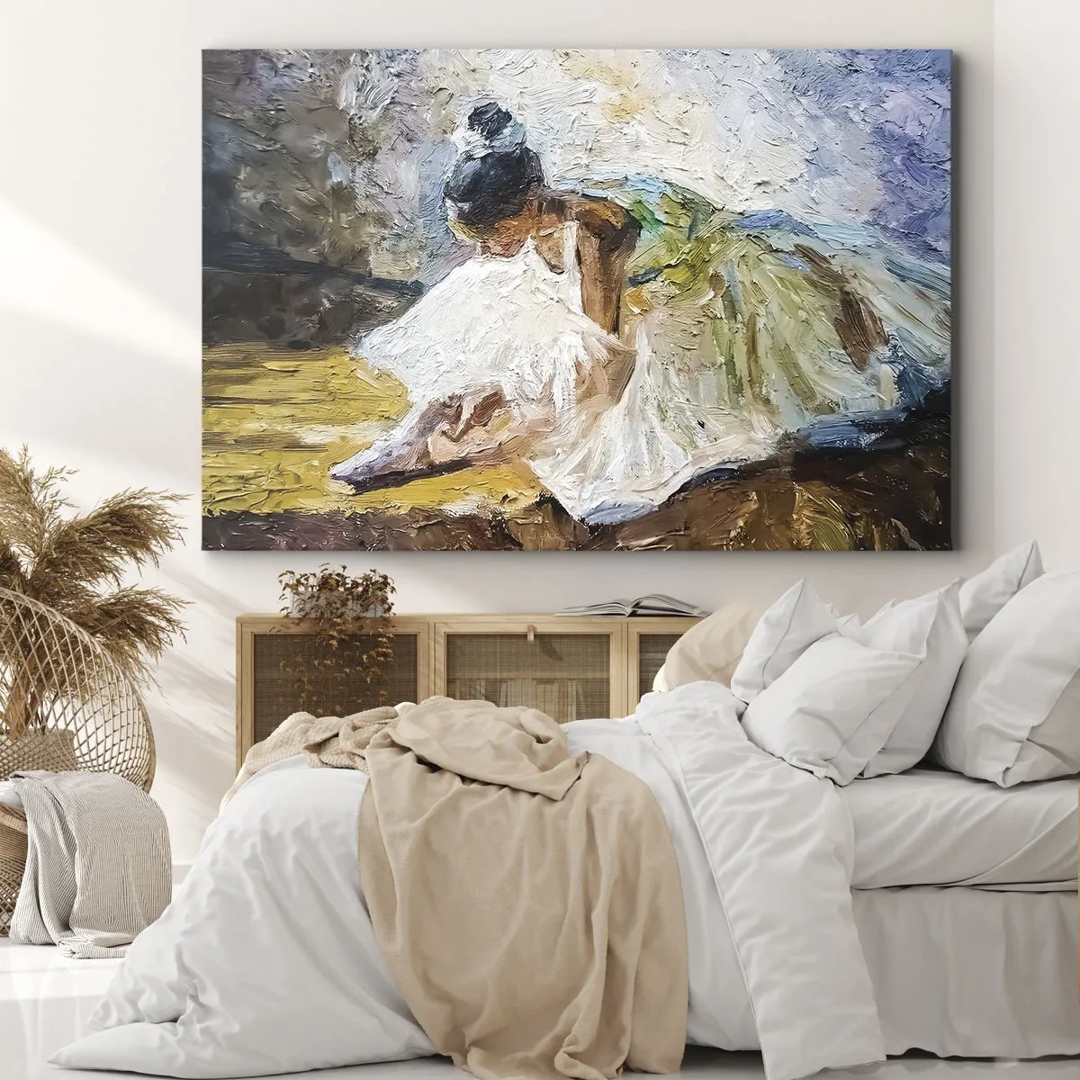 Cuadro sobre lienzo - Impresión de Imagen - Una bailarina con un vestido blanco de estilo pictórico sobre un fondo impresionista. - 70x50cm - De un cuadro de Degas - Decoración de pared moderna para salón y dormitorio ARTTOR