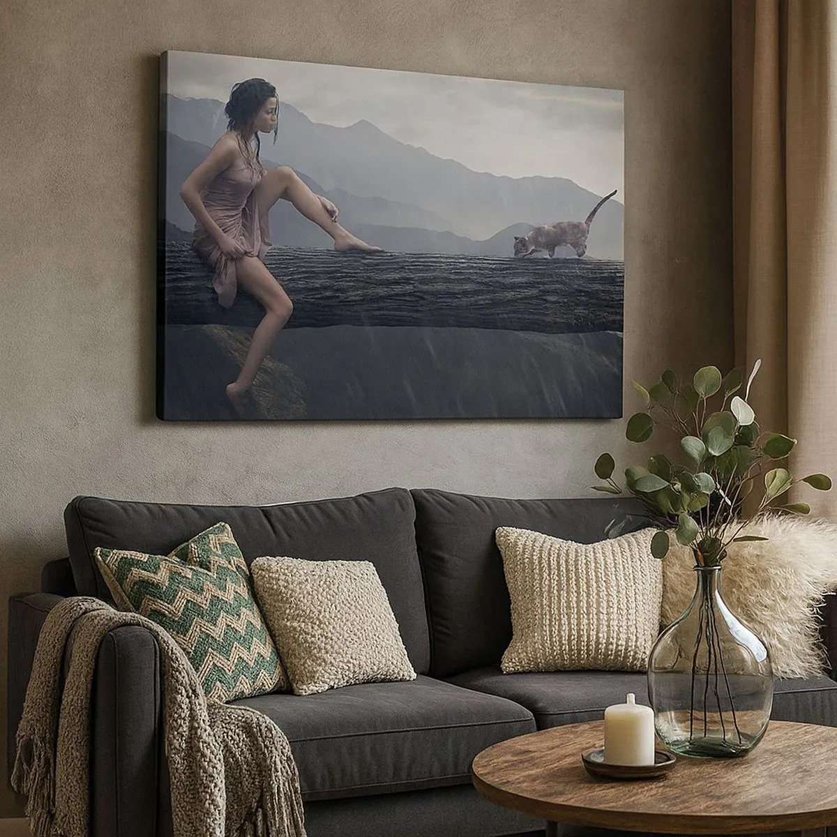 Cuadro sobre lienzo - Impresión de Imagen - Una mujer y un gato en el tronco de un árbol bajo la lluvia con vistas a las montañas. - 70x50cm - Picos de belleza - Decoración de pared moderna para salón y dormitorio ARTTOR