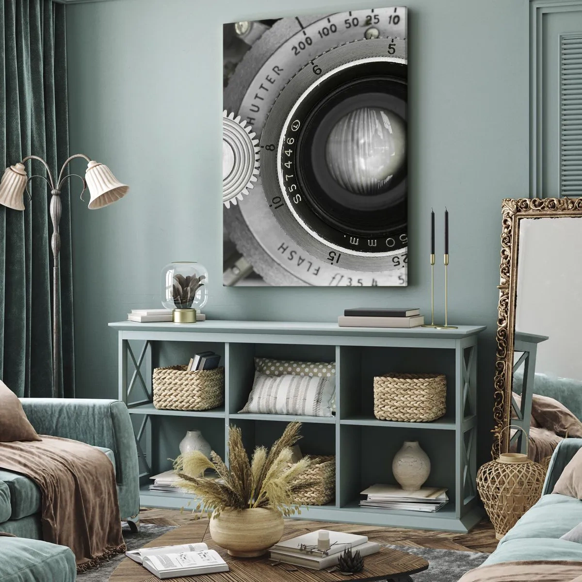 Cuadro sobre lienzo - Impresión de Imagen - La lente de una cámara antigua - 50x70cm - Una historia de Hollywood - Decoración de pared moderna para salón y dormitorio ARTTOR
