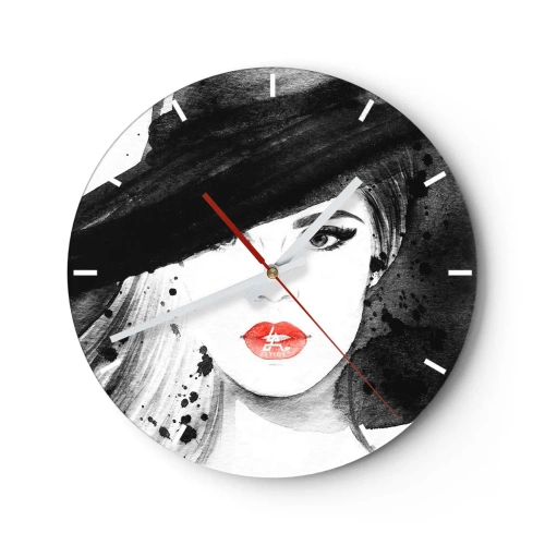 Reloj de pared - Reloj de vidrio - Mujer elegante con sombrero y labios rojos. - 30x30cm - Dama de negro - Decoración de pared moderna para salón, cocina y dormitorio ARTTOR