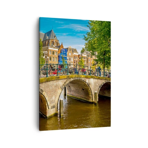 Cuadro sobre lienzo - Impresión de Imagen - Un pintoresco canal con un puente en Ámsterdam. - 50x70cm - Primavera en el canal - Decoración de pared moderna para salón y dormitorio ARTTOR