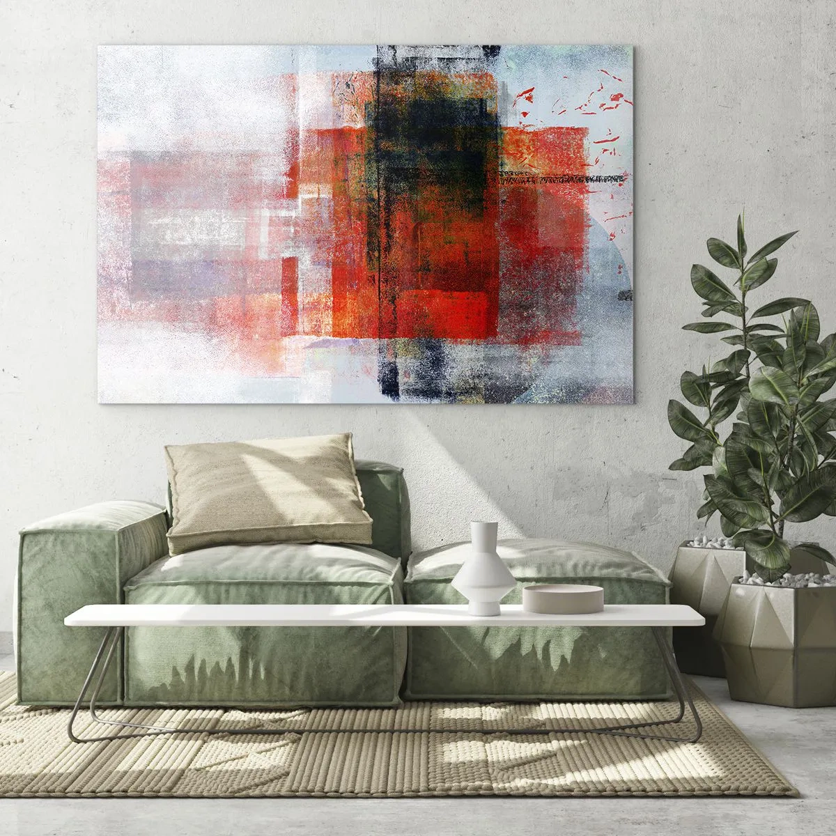 Cuadro sobre vidrio - Impresiones sobre Vidrio - Abstracción geométrica en tonos intensos de rojo y negro. - 70x50cm - Composición brillante - Decoración de pared moderna para salón y dormitorio ARTTOR