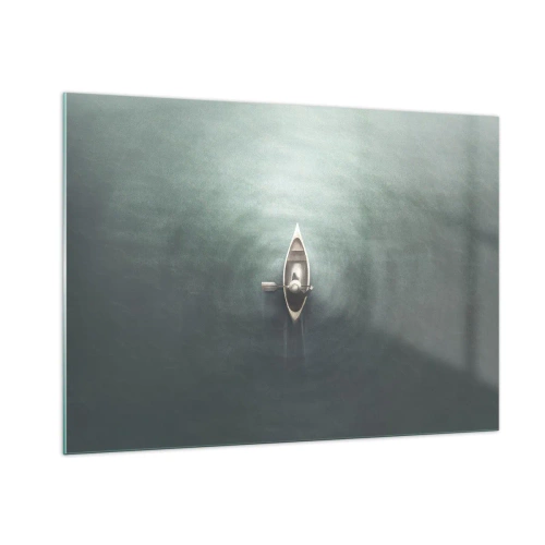 Cuadro sobre vidrio - Impresiones sobre Vidrio - Un barco solitario a la deriva en un lago tranquilo y verdoso. - 100x70cm - A través de un lago iluminado por la luna - Decoración de pared moderna para salón y dormitorio ARTTOR