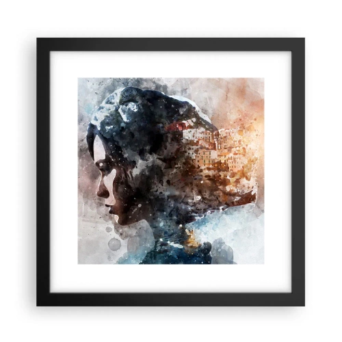 Póster en marco negro - Una historia sobre una niña con una ciudad de fondo - 30x30 cm