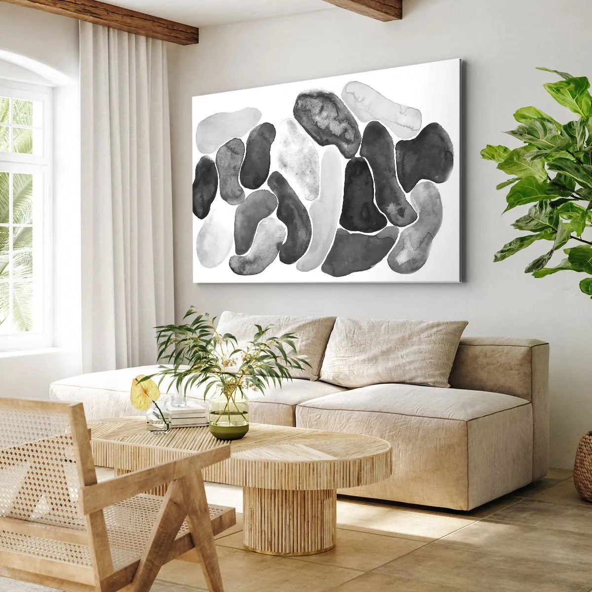 Cuadro sobre lienzo - Impresión de Imagen - Abstracción en blanco y negro con manchas irregulares sobre un fondo blanco. - 70x50cm - Abstracción pétrea - Decoración de pared moderna para salón y dormitorio ARTTOR
