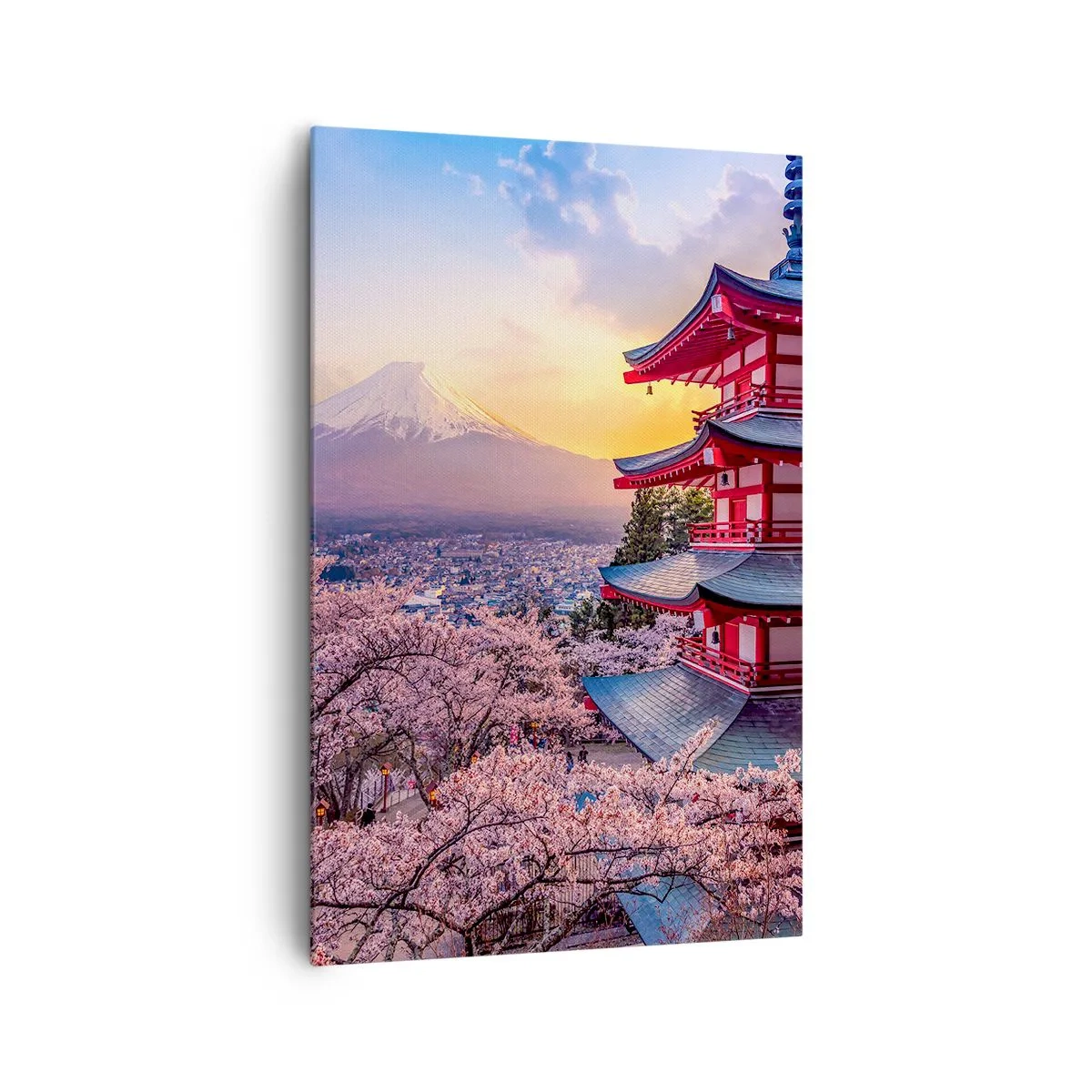 Cuadro sobre lienzo - Impresión de Imagen - Una pagoda en Japón con flores de cerezo y el monte Fuji. - 80x120cm - La esencia del espíritu japonés - Decoración de pared moderna para salón y dormitorio ARTTOR