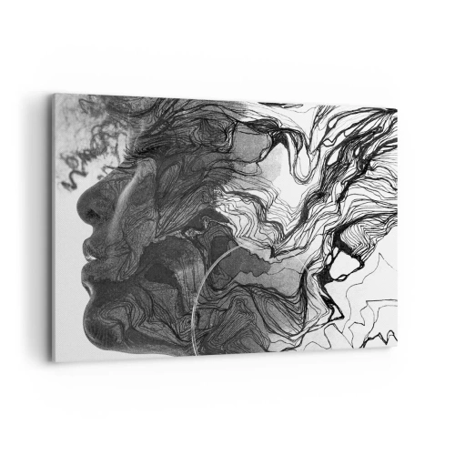 Cuadro sobre lienzo - Impresión de Imagen - Rostro abstracto en blanco y negro con líneas dinámicas. - 120x80cm - Enredada en sueños - Decoración de pared moderna para salón y dormitorio ARTTOR