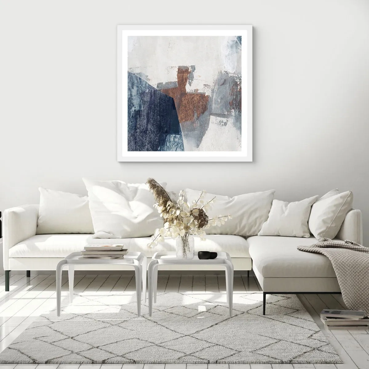 Póster en marco blanco - Formas azules y marrones - 40x40 cm