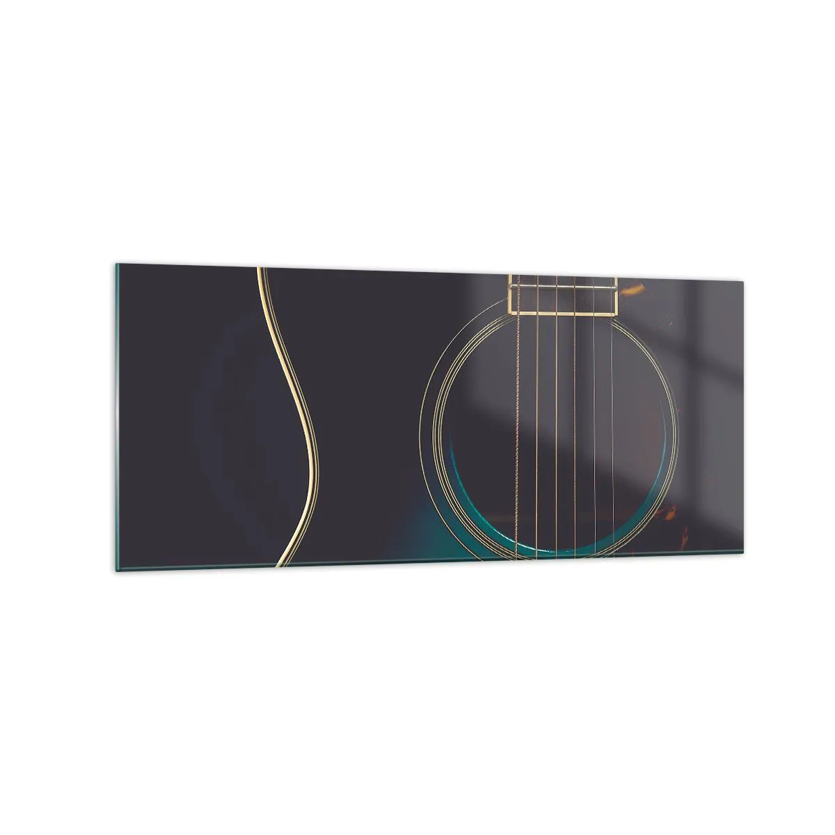 Cuadro sobre vidrio - Impresiones sobre Vidrio - Guitarra acústica en luz oscura y elegante. - 120x50cm - Un momento antes de que suene - Decoración de pared moderna para salón y dormitorio ARTTOR