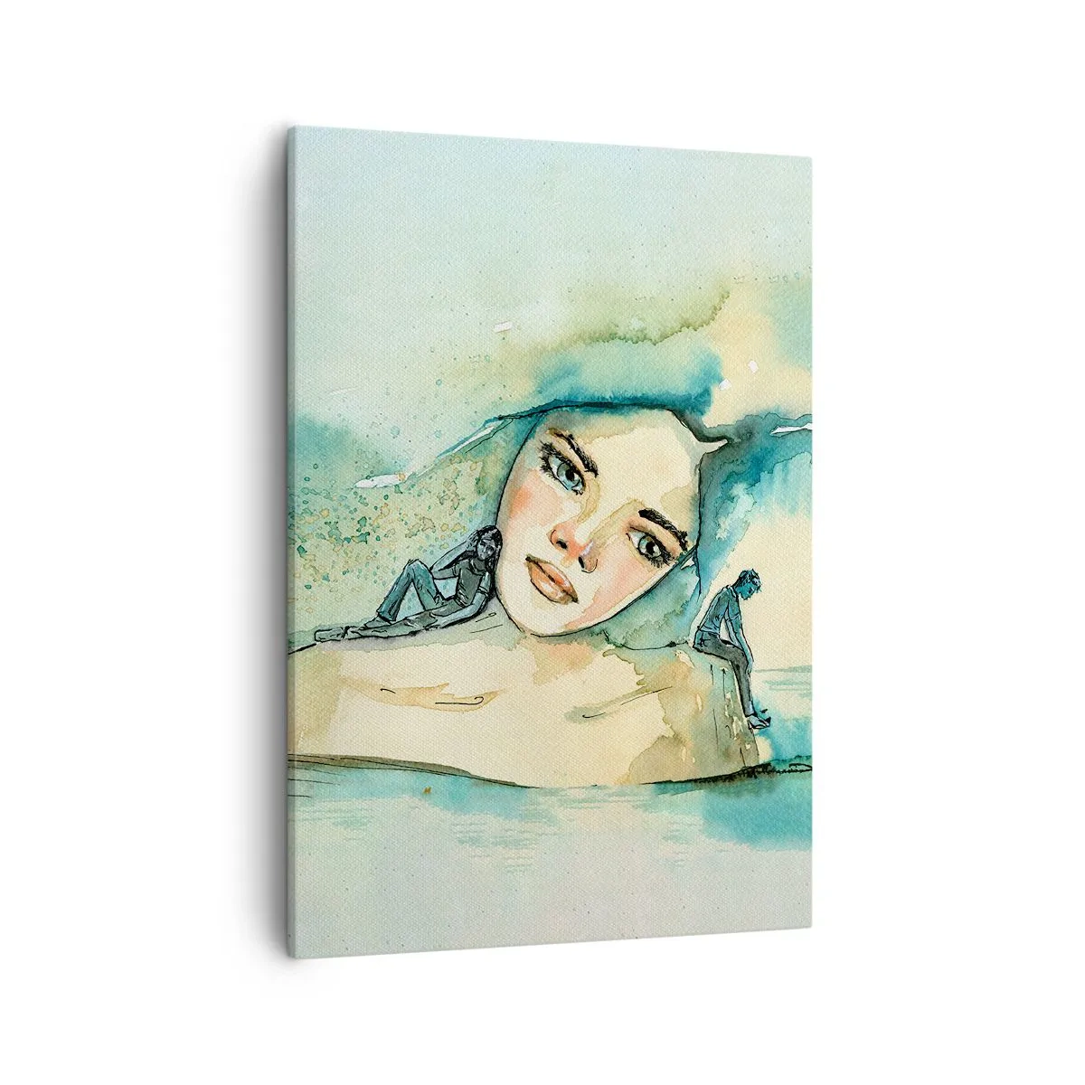 Cuadro sobre lienzo - Impresión de Imagen - Acuarela de rostro de mujer con motivo reflectante. - 50x70cm - ¿Soy azul? - Decoración de pared moderna para salón y dormitorio ARTTOR