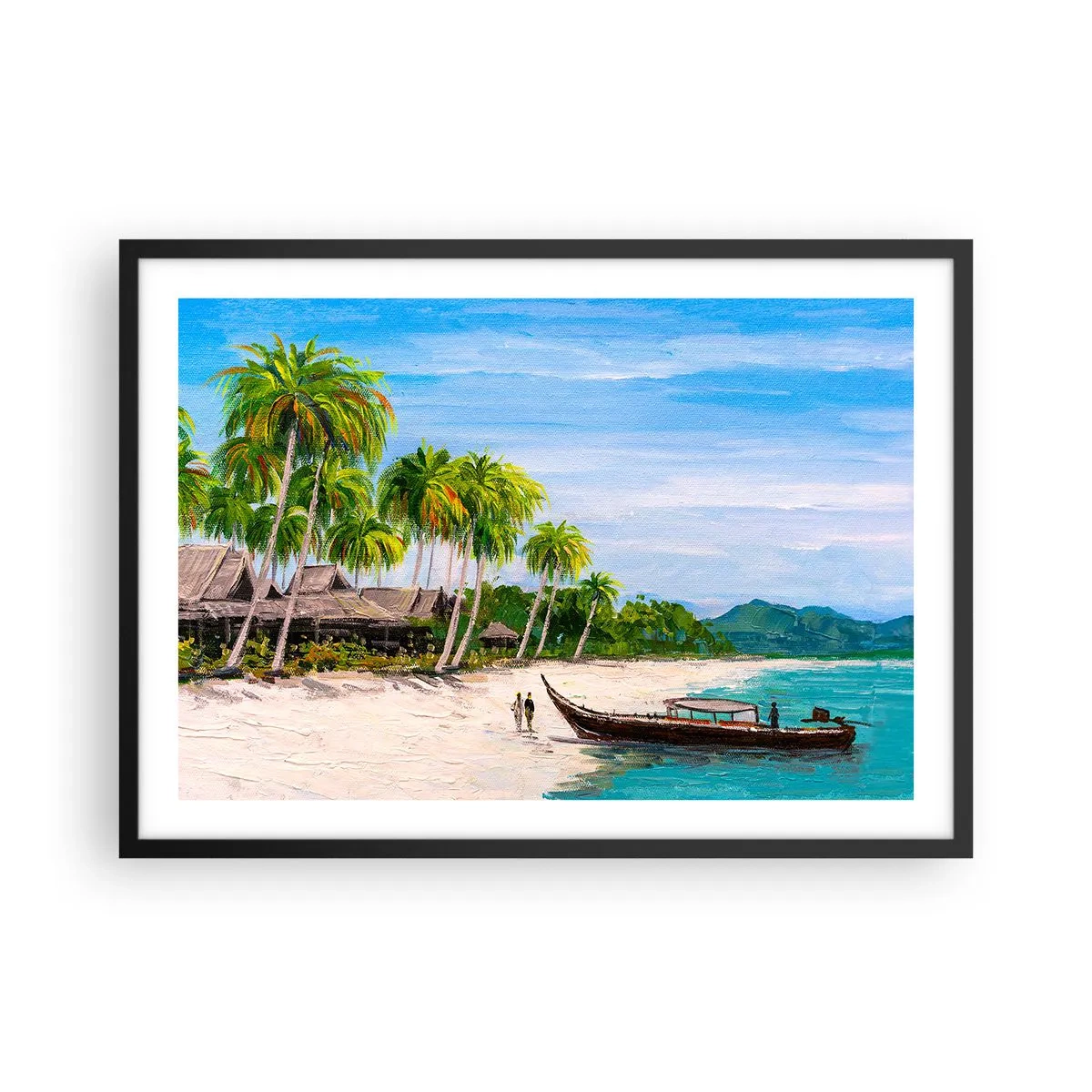 Póster en marco negro - Una playa exótica con palmeras y un barco en la orilla. - 70x50cm - Un sueño exótico - Decoración de pared moderna para salón y dormitorio ARTTOR