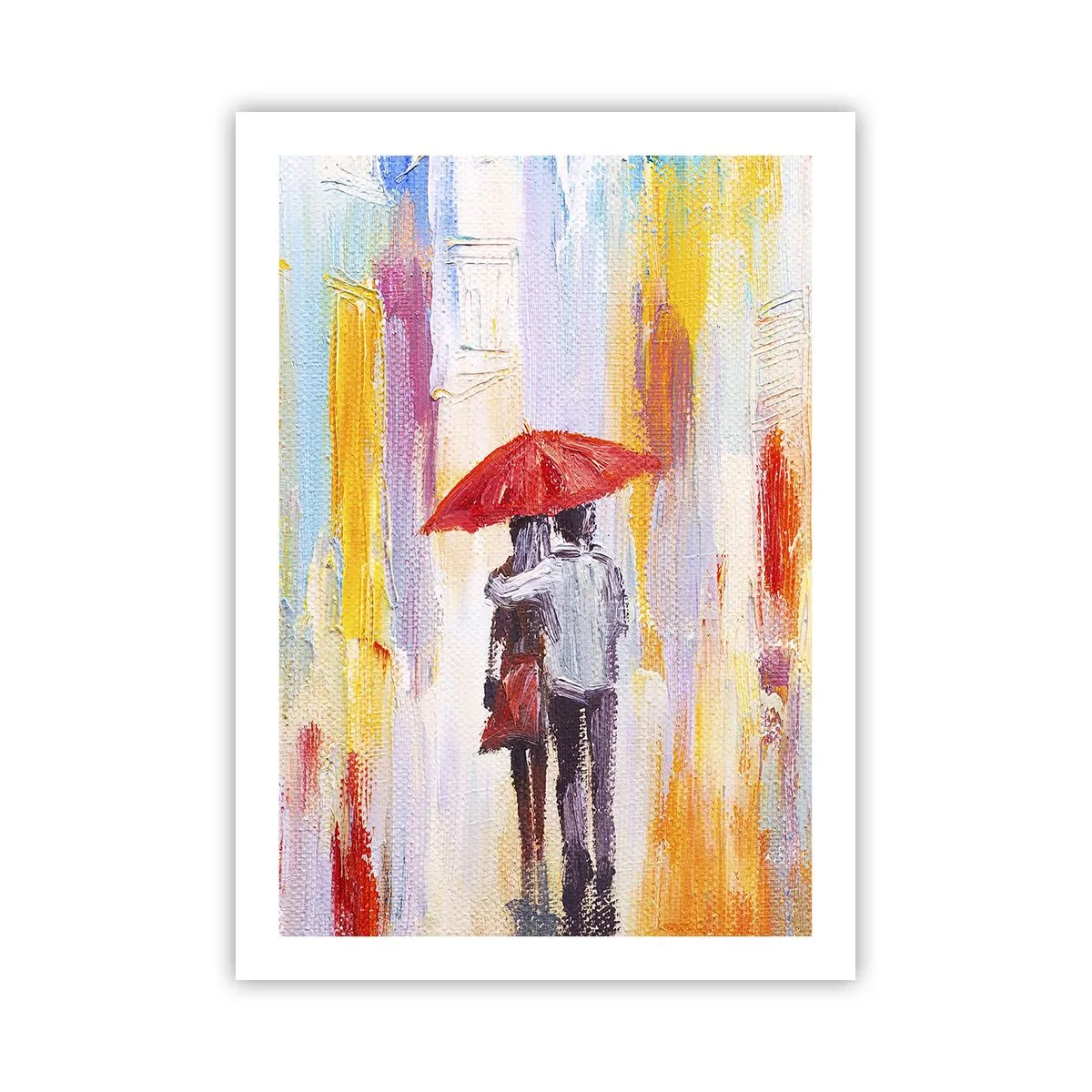 Póster - Una escena romántica con una pareja bajo un paraguas rojo con el fondo de una ciudad. - 50x70cm - Que siga lloviendo - Decoración de pared moderna para salón y dormitorio ARTTOR
