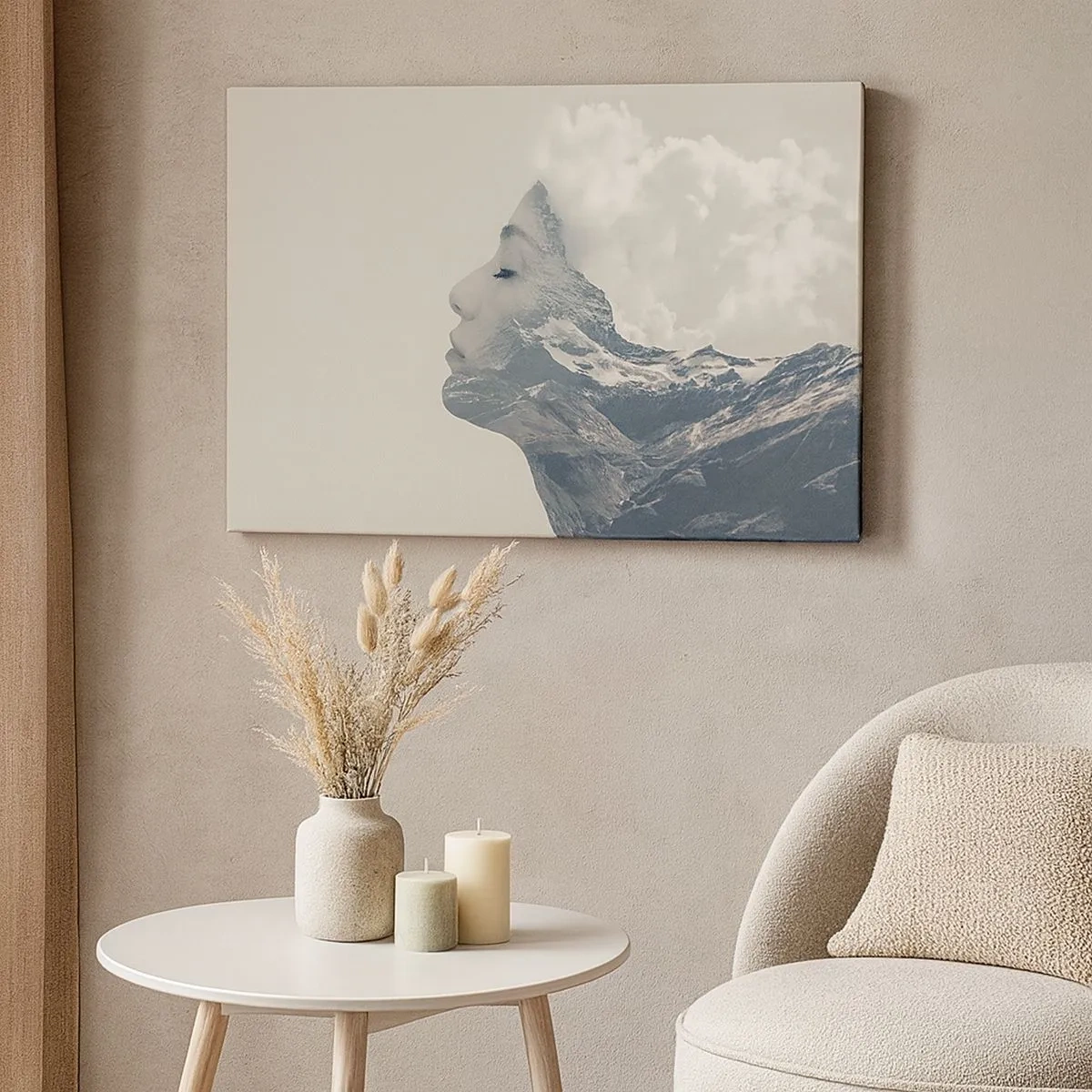 Cuadro sobre lienzo - Impresión de Imagen - Silueta de una mujer con un paisaje montañoso al fondo - 70x50cm - La belleza de los elementos - Decoración de pared moderna para salón y dormitorio ARTTOR