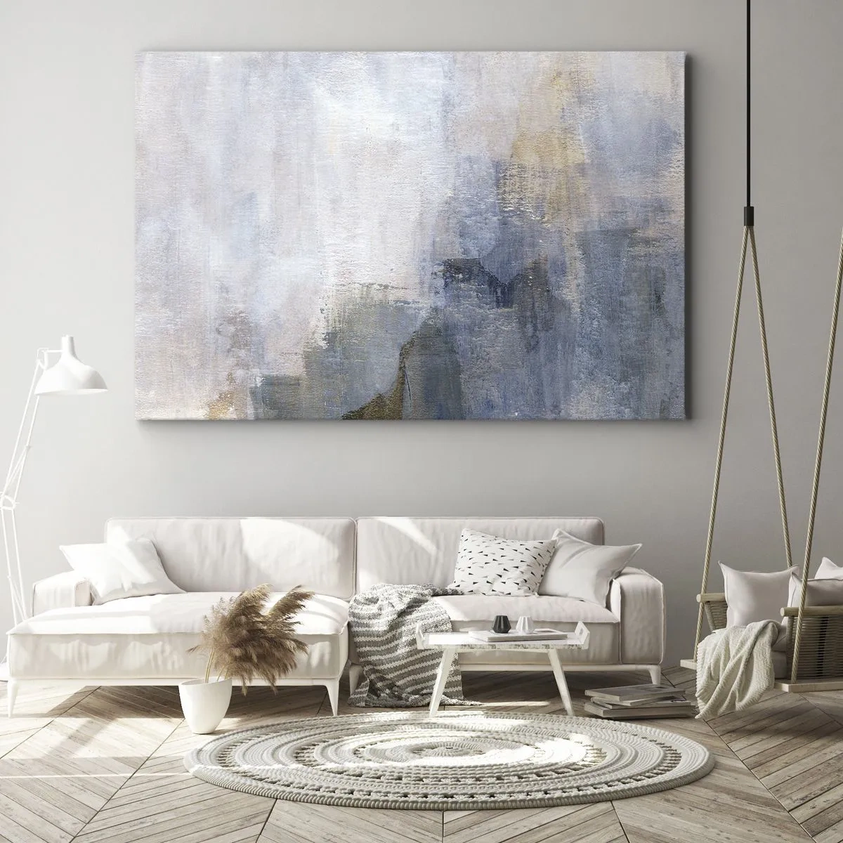 Cuadro sobre lienzo - Impresión de Imagen - Manchas abstractas sutiles en tonos azules y beige - 70x50cm - Tonos de color - Decoración de pared moderna para salón y dormitorio ARTTOR