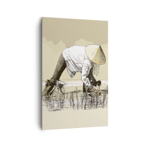 Cuadro sobre lienzo - Impresión de Imagen - Agricultores trabajando en un campo de arroz con sombreros tradicionales - 80x120cm - De una cosecha exitosa - Decoración de pared moderna para salón y dormitorio ARTTOR