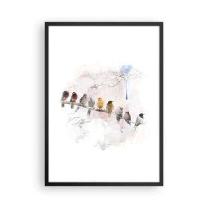 Póster en marco negro - Pájaros posados en una rama en estilo acuarela. - 50x70cm - Reunión alada - Decoración de pared moderna para salón y dormitorio ARTTOR