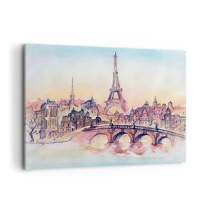 Cuadro sobre lienzo - Impresión de Imagen - Panorama de acuarela de París con la Torre Eiffel al atardecer - 100x70cm - Única en el mundo - Decoración de pared moderna para salón y dormitorio ARTTOR