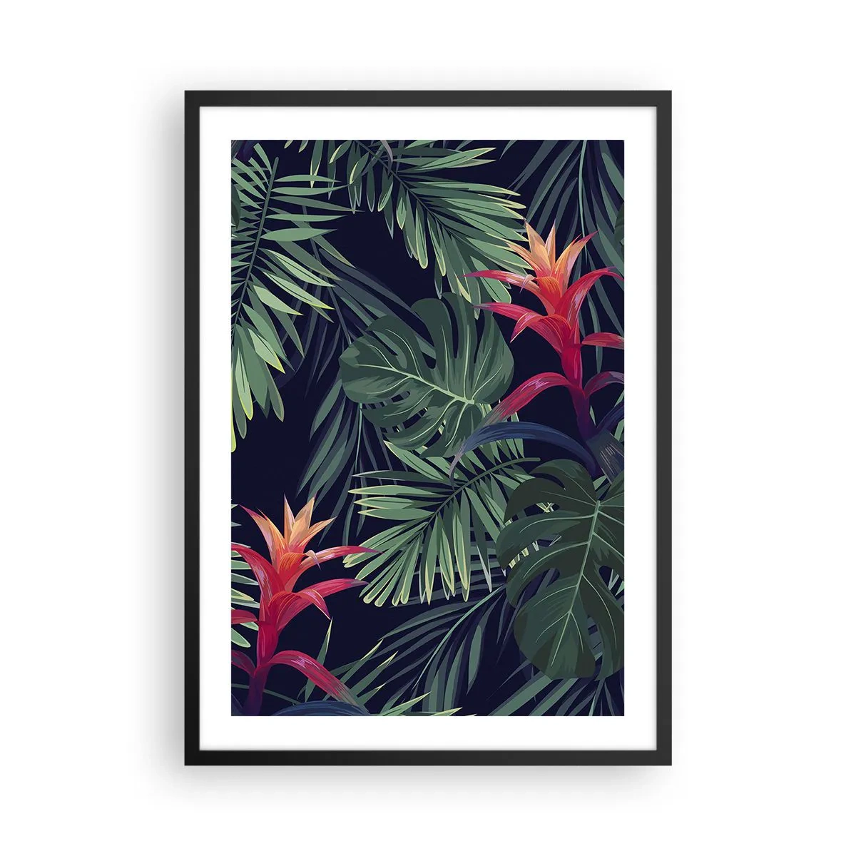 Póster en marco negro - Hojas y flores tropicales sobre un fondo oscuro. - 50x70cm - Encender el color verde - Decoración de pared moderna para salón y dormitorio ARTTOR