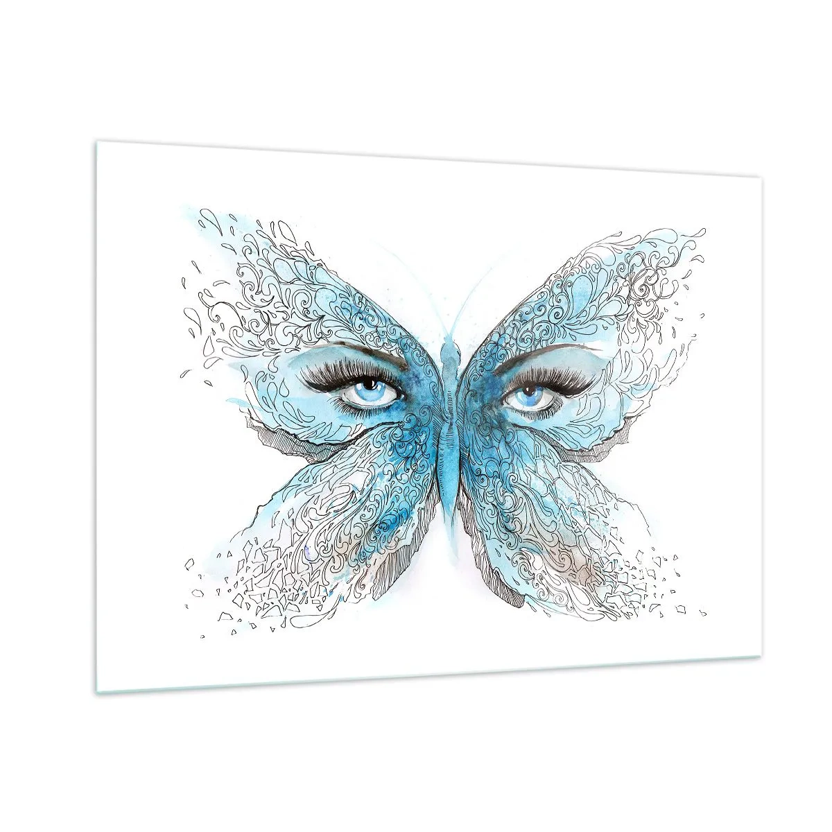 Cuadro sobre vidrio - Impresiones sobre Vidrio - Una mariposa con alas azules y ojos humanos en un estilo artístico. - 100x70cm - Mirada de mariposa - Decoración de pared moderna para salón y dormitorio ARTTOR