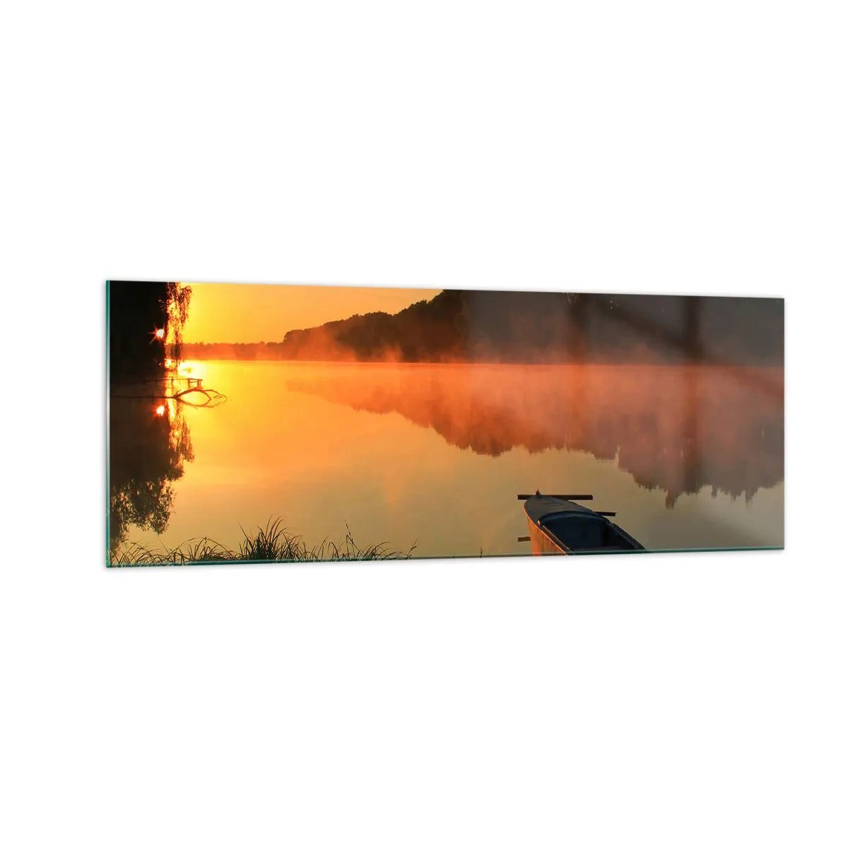 Cuadro sobre vidrio - Impresiones sobre Vidrio - Niebla matutina sobre el río con un barco bajo los rayos del sol. - 140x50cm - Amanecer sobre el agua como la superficie de un espejo - Decoración de pared moderna para salón y dormitorio ARTTOR