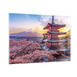 Cuadro sobre vidrio - Impresiones sobre Vidrio - Una pagoda en un paisaje japonés con vistas al monte Fuji y árboles en flor. - 100x70cm - La esencia del espíritu japonés - Decoración de pared moderna para salón y dormitorio ARTTOR