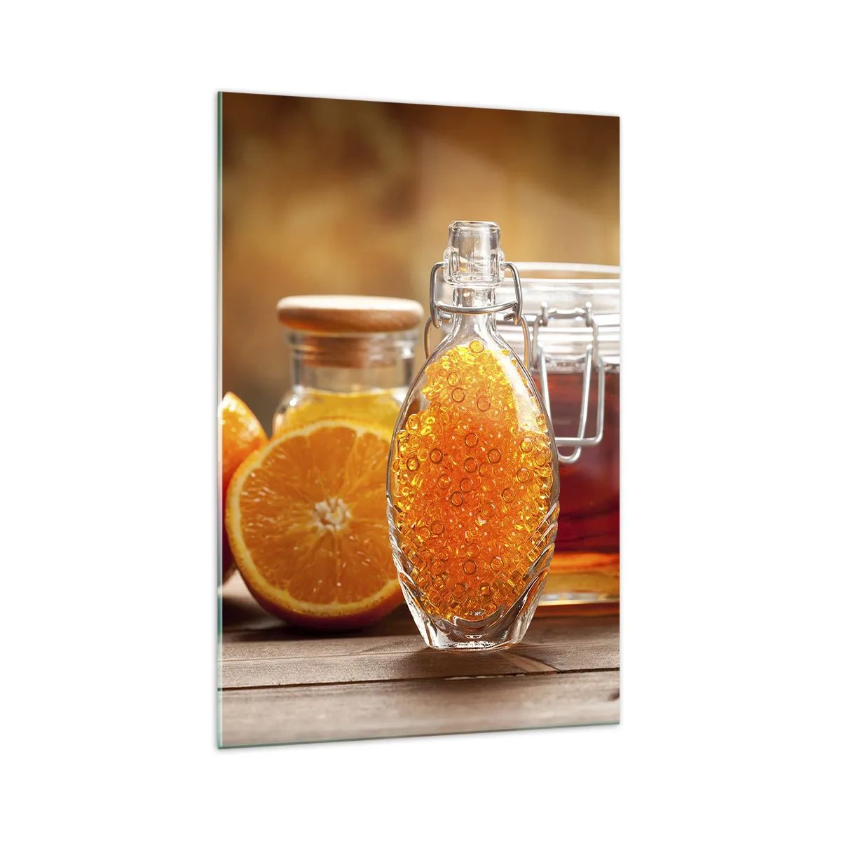 Cuadro sobre vidrio - Impresiones sobre Vidrio - Una botella de líquido ámbar y naranjas frescas. - 70x100cm - Sabores y aromas soleados - Decoración de pared moderna para salón y dormitorio ARTTOR