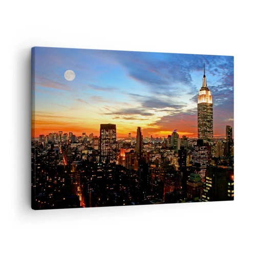 Cuadro sobre lienzo - Impresión de Imagen - Panorama de la ciudad con rascacielos iluminados al atardecer - 70x50cm - Una luminosa noche americana - Decoración de pared moderna para salón y dormitorio ARTTOR