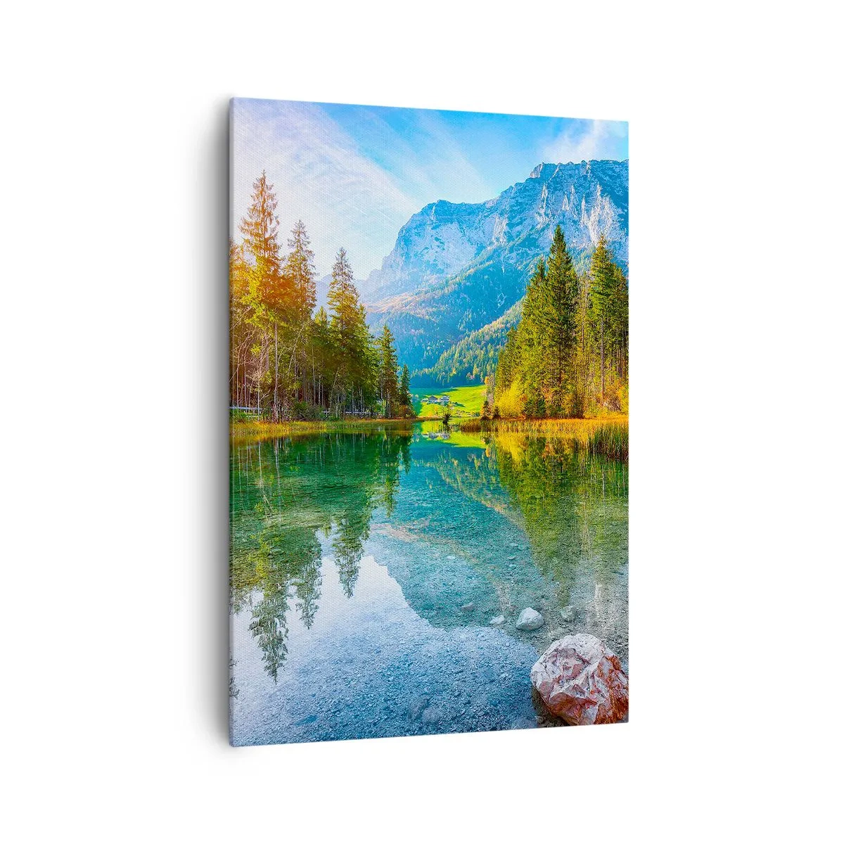 Cuadro sobre lienzo - Impresión de Imagen - Un pintoresco lago rodeado de montañas y bosques. - 70x100cm - La dulzura del otoño - Decoración de pared moderna para salón y dormitorio ARTTOR