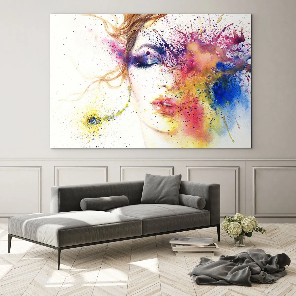 Cuadro sobre vidrio - Impresiones sobre Vidrio - Retrato abstracto de una mujer con salpicaduras de pintura de arcoíris - 70x50cm - Vértigo del arco iris - Decoración de pared moderna para salón y dormitorio ARTTOR