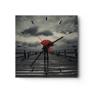 Reloj de pared - Reloj de vidrio - Una persona con un paraguas rojo en un muelle lluvioso. - 30x30cm - No importa que llueva - Decoración de pared moderna para salón y dormitorio ARTTOR