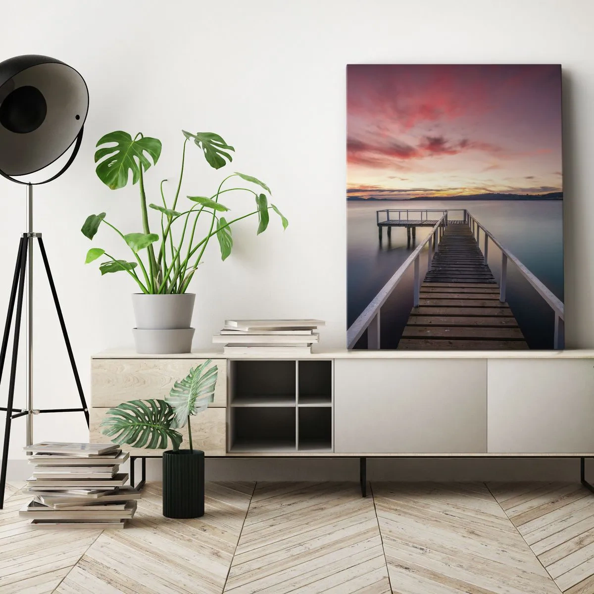 Cuadro sobre lienzo - Impresión de Imagen - Un embarcadero que conduce a un lago tranquilo al atardecer. - 80x120cm - La suave llama del atardecer - Decoración de pared moderna para salón y dormitorio ARTTOR