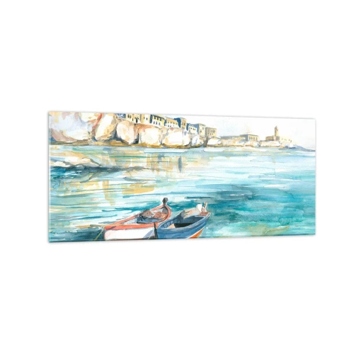 Cuadro sobre vidrio - Impresiones sobre Vidrio - Un pintoresco paisaje costero con barcos en el agua. - 120x50cm - Paisaje en azul - Decoración de pared moderna para salón y dormitorio ARTTOR