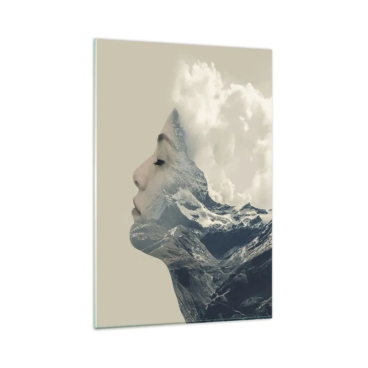 Cuadro sobre vidrio - Impresiones sobre Vidrio - Silueta de una mujer con un paisaje montañoso al fondo - 80x120cm - La belleza de los elementos - Decoración de pared moderna para salón y dormitorio ARTTOR