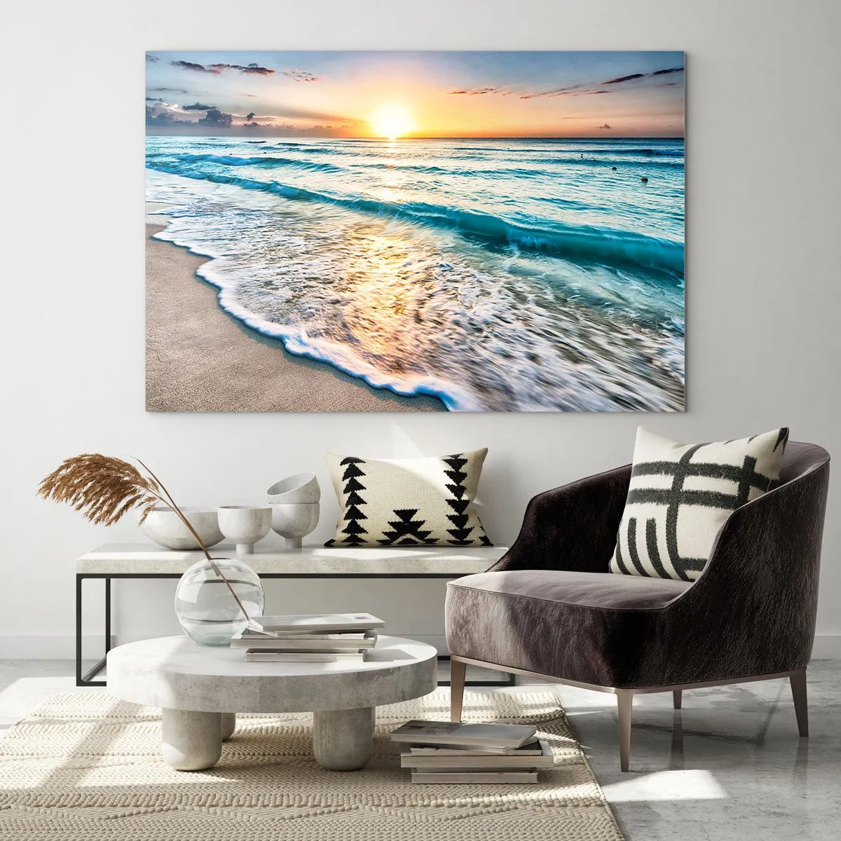 Cuadro sobre vidrio - Impresiones sobre Vidrio - Playa por la mañana con olas y amanecer. - 120x80cm - Un espectáculo digno de ver - Decoración de pared moderna para salón y dormitorio ARTTOR