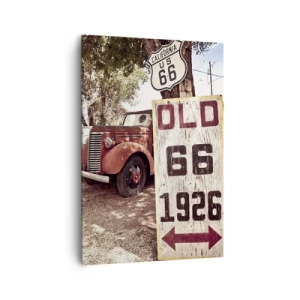 Cuadro sobre lienzo - Impresión de Imagen - Coche retro y cartel de la Ruta 66 en un entorno rústico - 70x100cm - Una leyenda de la América profunda - Decoración de pared moderna para salón y dormitorio ARTTOR