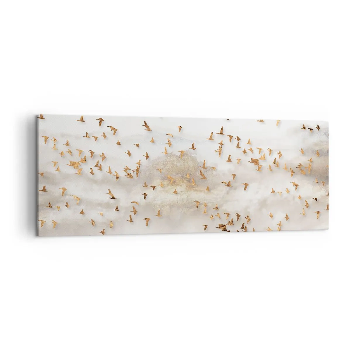 Cuadro sobre lienzo - Impresión de Imagen - Pájaros dorados contra las montañas brumosas - 140x50cm - Es hora... - Decoración de pared moderna para salón y dormitorio ARTTOR