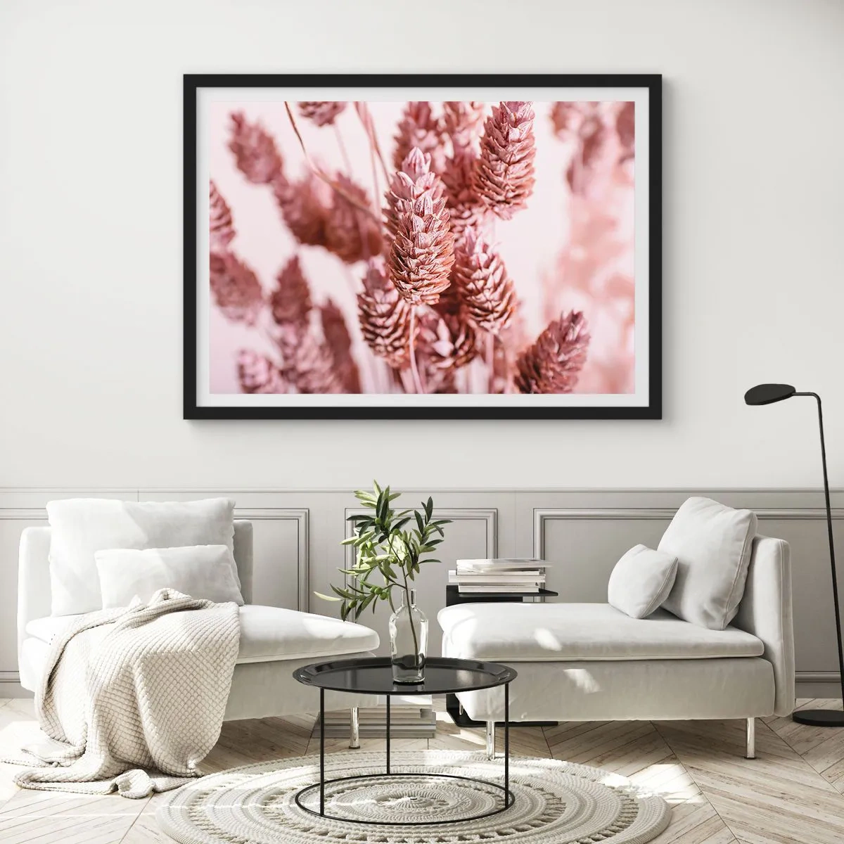 Póster en marco negro - Un primer plano de las delicadas espigas rosadas de las hierbas ornamentales. - 70x50cm - Aparentemente discreto - Decoración de pared moderna para salón y dormitorio ARTTOR