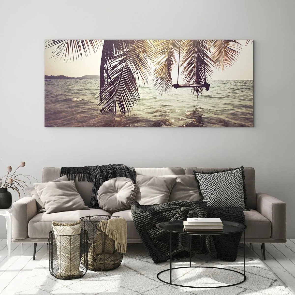 Cuadro sobre vidrio - Impresiones sobre Vidrio - Palmera con columpio sobre el agua bajo la luz del sol. - 120x50cm - Columpiar la imaginación - Decoración de pared moderna para salón y dormitorio ARTTOR