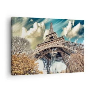 Cuadro sobre lienzo - Impresión de Imagen - La Torre Eiffel desde abajo en un entorno otoñal - 70x50cm - Y en París, en otoño... - Decoración de pared moderna para salón y dormitorio ARTTOR